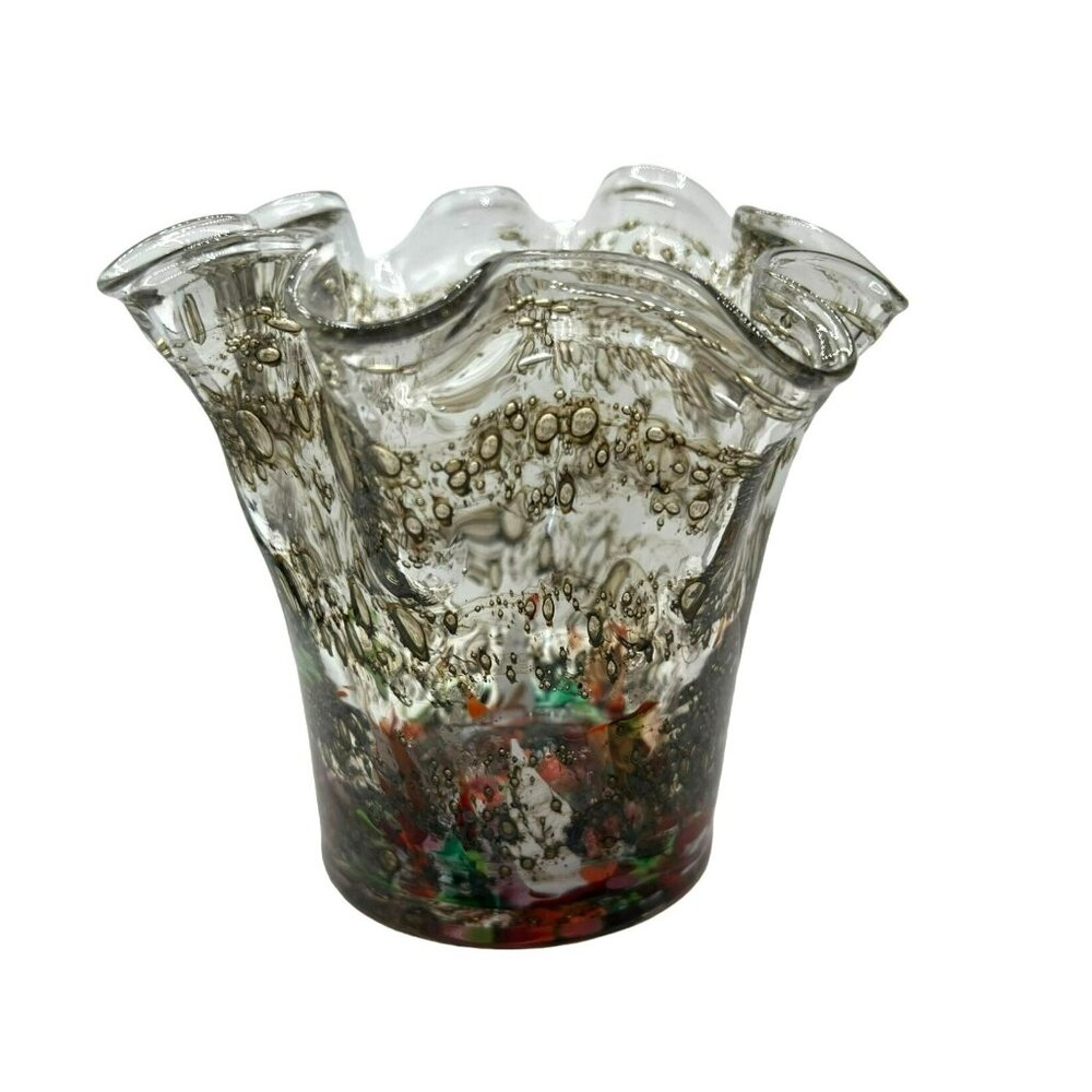 Zorza Vase Poland Hand Blown Art Glass MultiColor Ruffled Confetti Extraordinary